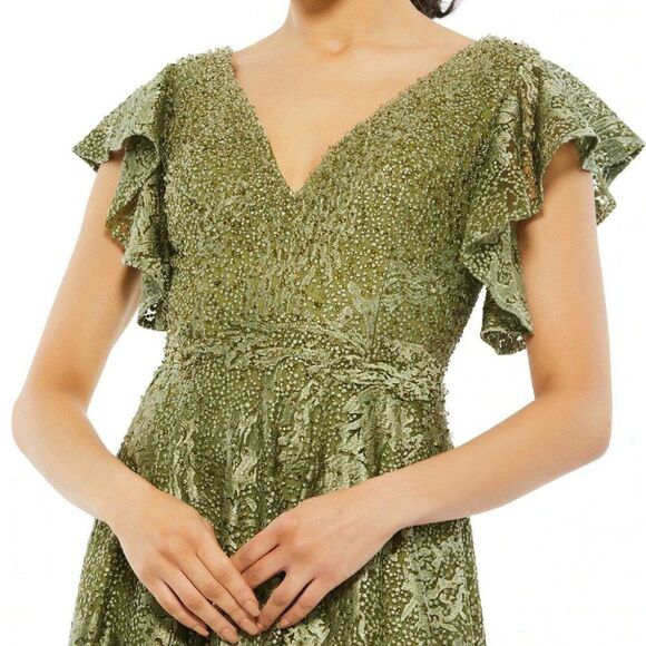 NWT MAC DUGGAL EMBROIDERED FLUTTER V-NECK FLUTTER SLEEVE GOWN OLIVE 20310 sz 16 - Picture 9 of 10